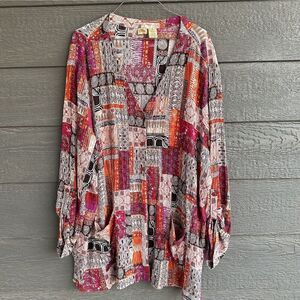 Islander Womens Patchwork 3X  Button Up Top Pockets Flowy Artsy Lagenlook Beachy